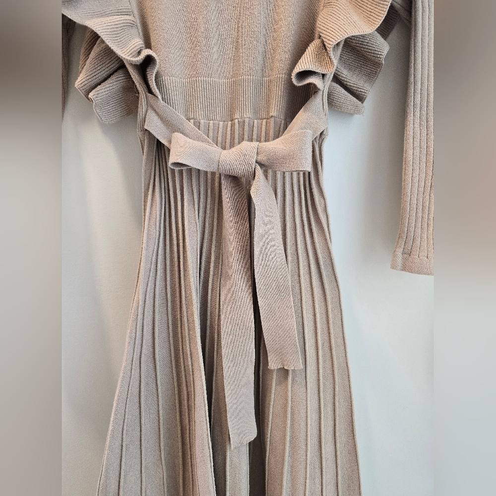 Ruffle-Trim Knit Midi Dress in Beige - Picture 3 of 3